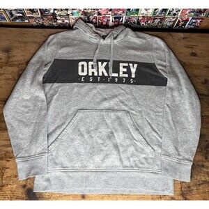 Oakley Spell Out Hoodie Sweatshirt Gray Black Men’s Medium EST 1975 Casual